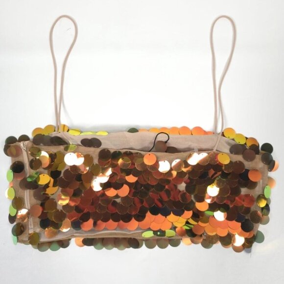 NWOT ZARA Metallic‎ Gold SEQUIN Crop TOP Thin Straps 9406/103 Size XS - Picture 5 of 16